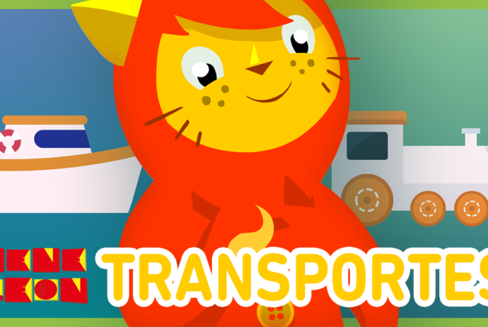 Cover de la canción de los medios de transporte: Nene León avanzando al frente sobre la imagen de un barco y un tren